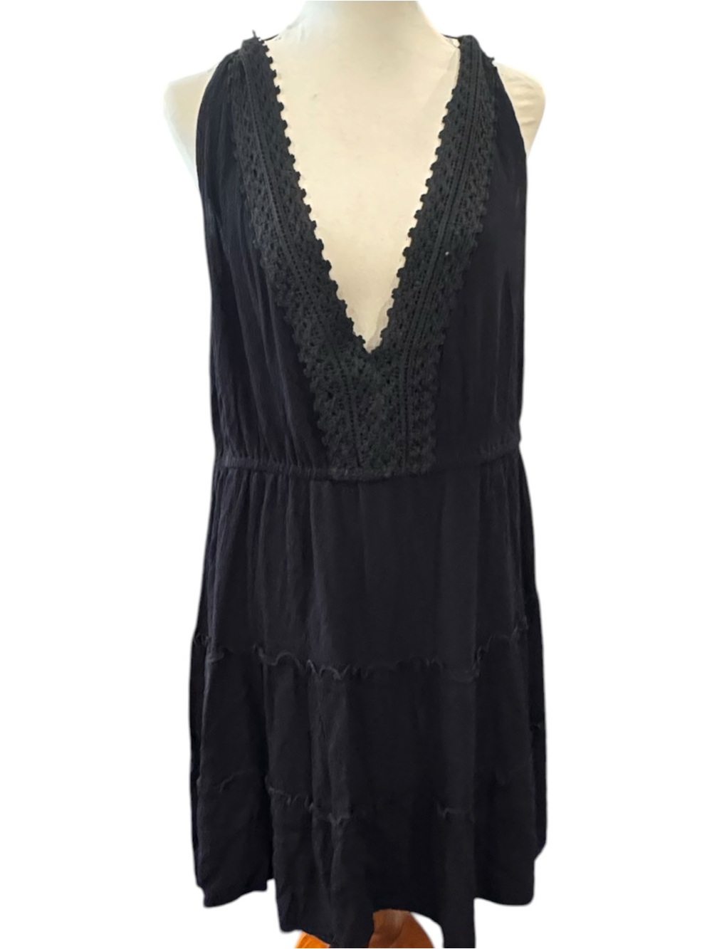 J for Justify Black Deep V-Neck Crochet Trim Mini Dress